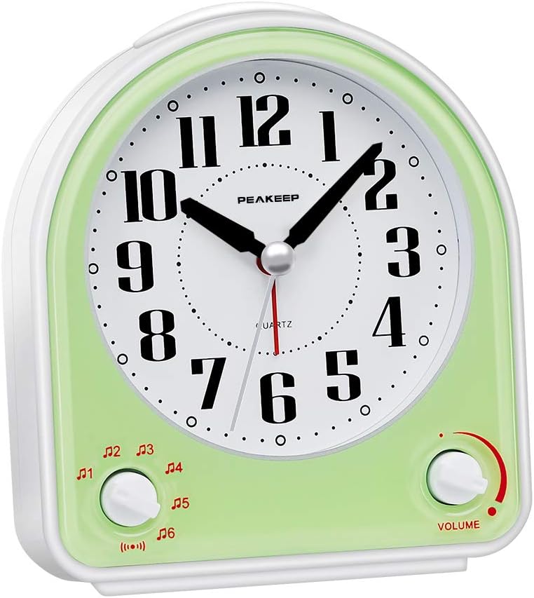 Peakeep Analog Alarm Clock Non-Ticking Silent, 7 Wake-up Sounds | with Volume Control, Nightlight and Snooze, AA Battery Operated (Black)