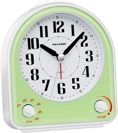 Peakeep Analog Alarm Clock Non-Ticking Silent, 7 Wake-up Sounds | with Volume Control, Nightlight and Snooze, AA Battery Operated (Black)