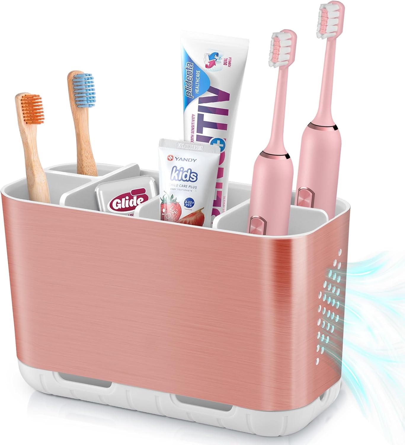 Boperzi Toothbrush and Toothpaste Holder Drainage for Bathroom Countertop with Adjustable Dividers, Large Toothpaste Caddy Organizer Storage Rustic Decor Set Anti-Slip for Shower,Family,Kids Gray