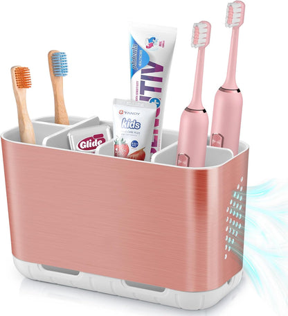 Boperzi Toothbrush and Toothpaste Holder Drainage for Bathroom Countertop with Adjustable Dividers, Large Toothpaste Caddy Organizer Storage Rustic Decor Set Anti-Slip for Shower,Family,Kids Gray