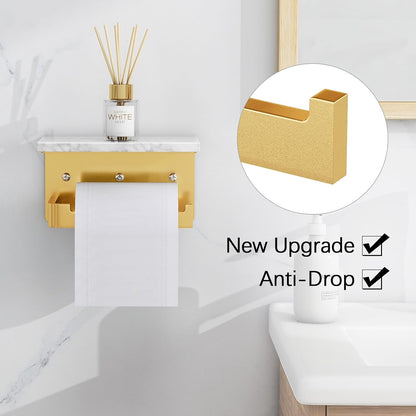 Gypie Toilet Paper Holder with Marble Shelf, Wall Mounted Matte Black | Toilet Roll Holder Black for Bathroom Washroom, Extended Base