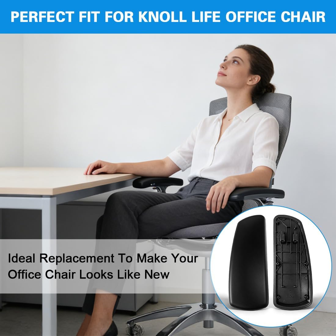 Arm Pads Caps Replacement for Knoll Life Office Chair,Chair Armrest Pads, with 12 mounting Screws（Black）
