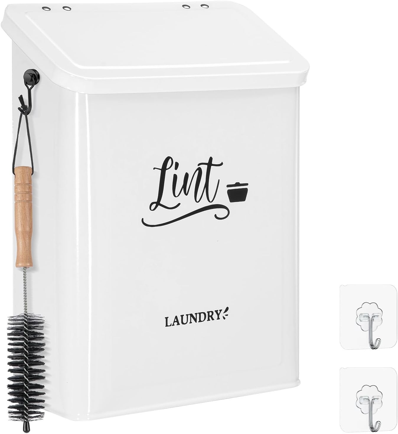 Magnetic Lint Bin for Laundry Room with Brush & Hook - Large Laundry Organizer and Storage, Wall Mounted Trash Can with Lid, Space-Saving Dryer Lint Holder Laundry Room Decor, Black