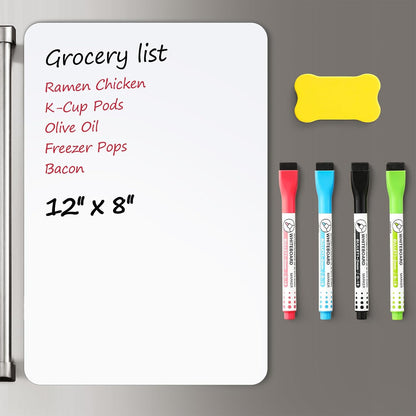 4 PACK Magnetic Dry Erase Board Sheet for Fridge, 12"x8" Erasable Refrigerator WhiteBoard w/ 6 Markers & 1 Eraser- Smooth and Flexible Small Magnet Blank Notepad for Home Kitchen Organizer and Planner