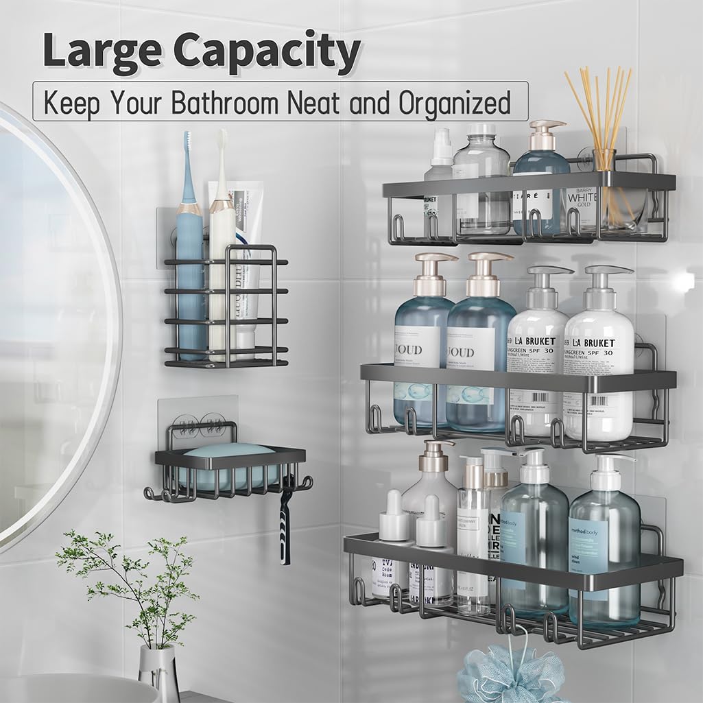 Liuoud 5 Pack Shower Caddy for Inside Shower, Gold Bathroom Storage Decor | Large Rustproof Stainless Steel Organizer with Strong Adhesive, No Drilling Wall Mounted Shelves, Bathroom Accessory Set