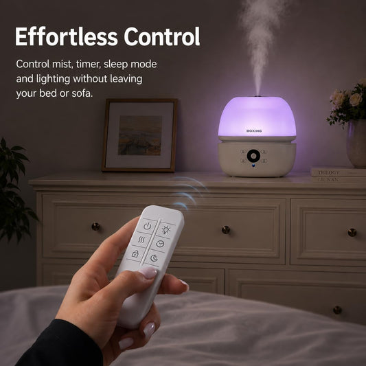 BOXING 3L Top Fill Humidifier for Bedroom, 20dB Whisper-Quiet Cool Mist with Easy Remote Control, 30H Runtime, Night Light, Essential Oil Tray, Timer for Baby, Plants and Home