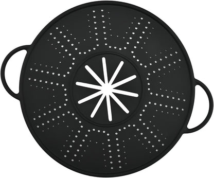 Silicone Spill Stopper Lid, 10.94 in Heat Resistant Splatter Screen with Double Handles for Boil-Over Prevention, Black