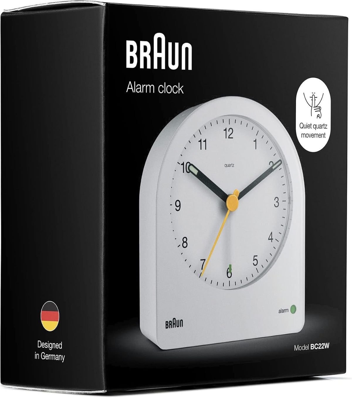 Braun Classic Analogue Alarm Clock with Snooze and Continuous Backlight, Quiet Quartz Movement, Crescendo Beep Alarm in White, Model BC22W.