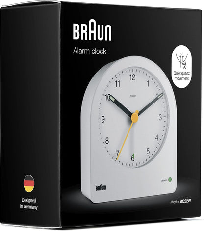 Braun Classic Analogue Alarm Clock with Snooze and Continuous Backlight, Quiet Quartz Movement, Crescendo Beep Alarm in White, Model BC22W.