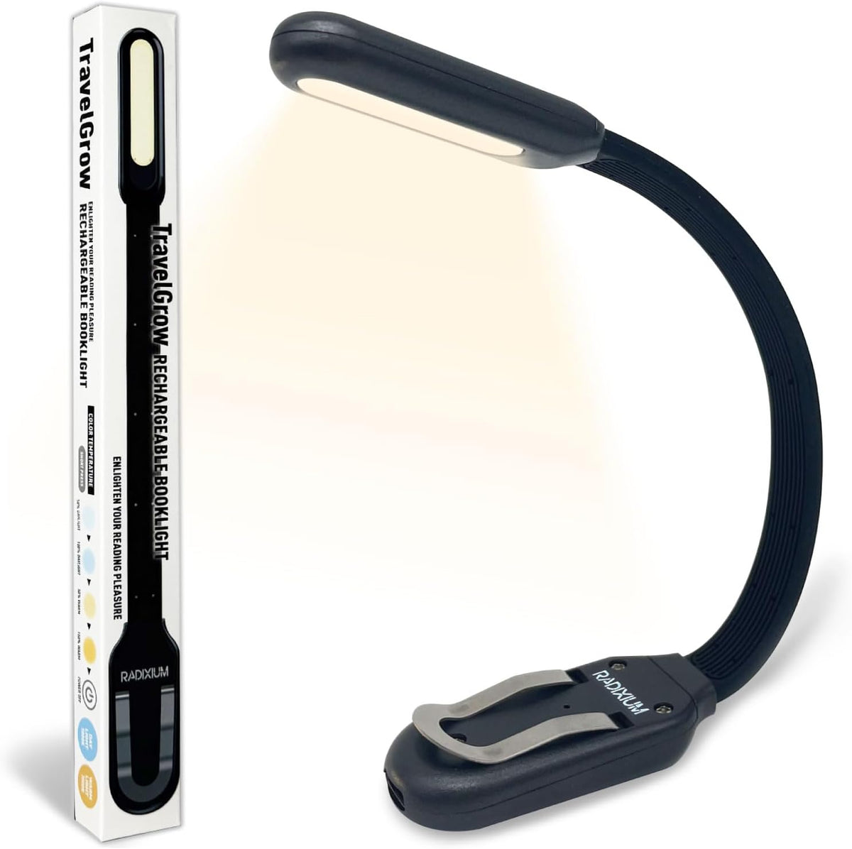 Rechargeable Book Light for Reading in Bed, 4 Color Temperatures Eye-Caring LED, Portable Clip On Reading Light with Magnetic Base, Hands-Free for Travel, Night Reading (Black)