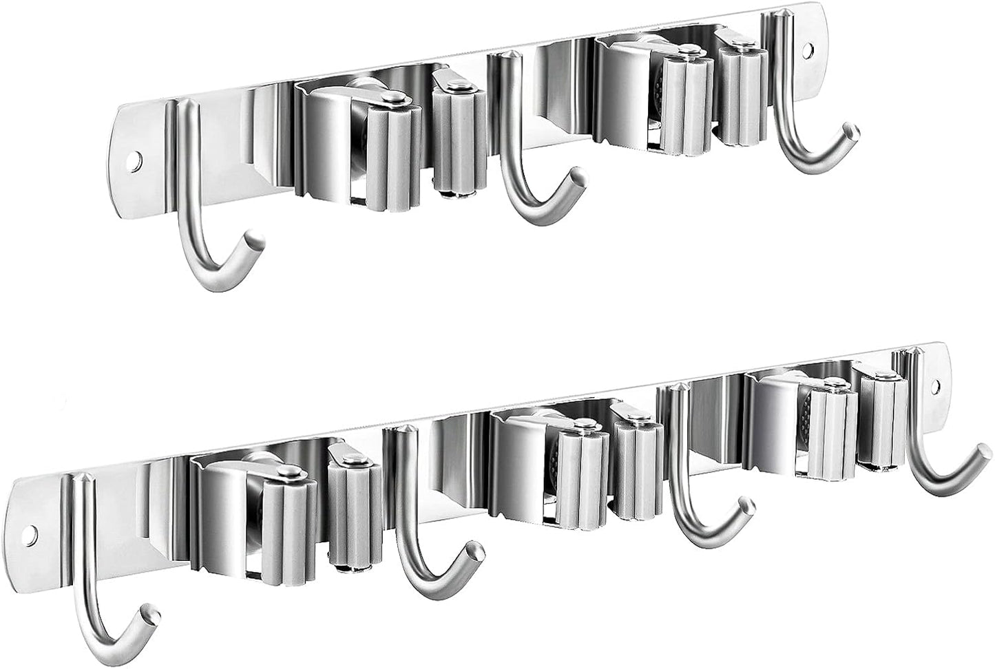 Broom and Mop Holder Wall Mounted, Broom Hanger Storage Rack, Stainless Steel Mop Hanger, Dustpan Holders with 2 Racks and 3 Hooks, Heavy Duty utility hooks for hanging brooms and mops