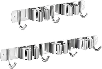 Broom and Mop Holder Wall Mounted, Broom Hanger Storage Rack, Stainless Steel Mop Hanger, Dustpan Holders with 2 Racks and 3 Hooks, Heavy Duty utility hooks for hanging brooms and mops