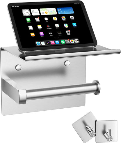 Tindbea Toilet Paper Holder Wall Mount + Towel Robe Hooks, Adhesive or Screw Wall Mounted Toilet Paper Roll Holder with Shelf, Stainless Steel Bathroom Organizers and Storage Kit (Brushed Gold)