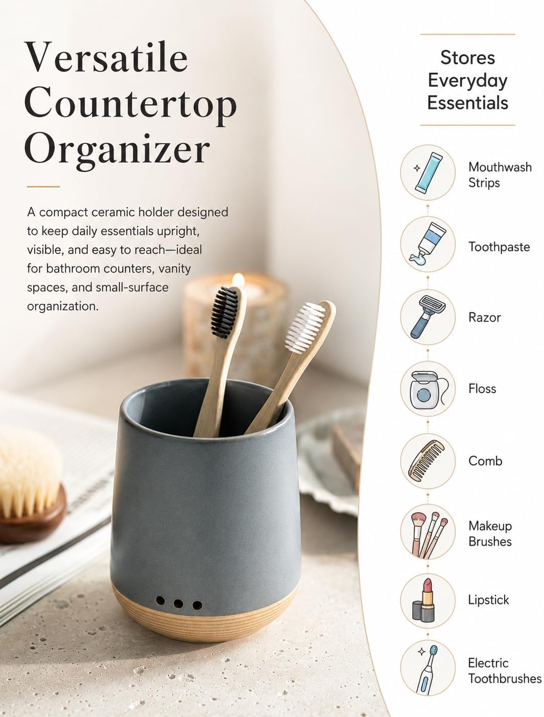 LYEOBOH Ceramic Toothbrush Cup, Cute Toothbrush Holder with Drainage White | Farmhouse Toothbrush Container, Countertop Toothbrush Organizer, Toothbrush Storage for Bathroom Vanity & Countertop