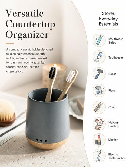 LYEOBOH Ceramic Toothbrush Cup, Cute Toothbrush Holder with Drainage White | Farmhouse Toothbrush Container, Countertop Toothbrush Organizer, Toothbrush Storage for Bathroom Vanity & Countertop