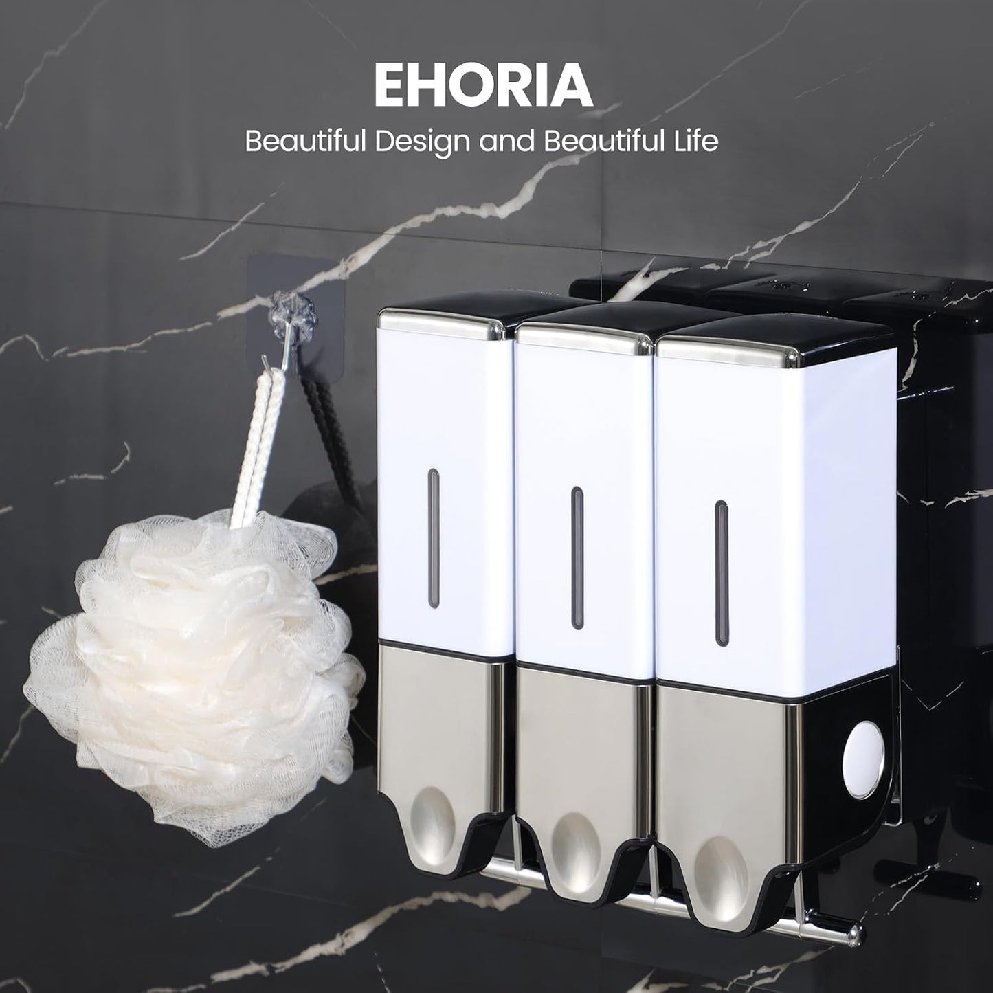 EHORIA Shampoo and Conditioner Dispenser, Shower Soap Dispenser | Shower Dispenser 3 Chamber No Drill, Wall Mounted Refillable Bottles, Shower Accessories for Bathroom, RV&Hotel,18.6oz 3 in 1