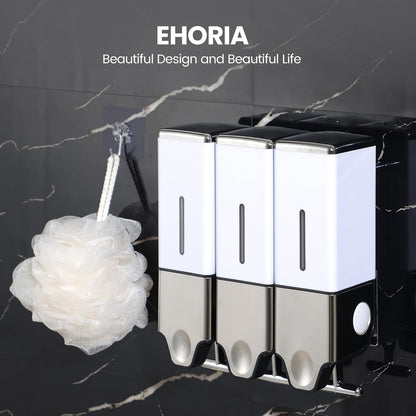 EHORIA Shampoo and Conditioner Dispenser, Shower Soap Dispenser | Shower Dispenser 3 Chamber No Drill, Wall Mounted Refillable Bottles, Shower Accessories for Bathroom, RV&Hotel,18.6oz 3 in 1