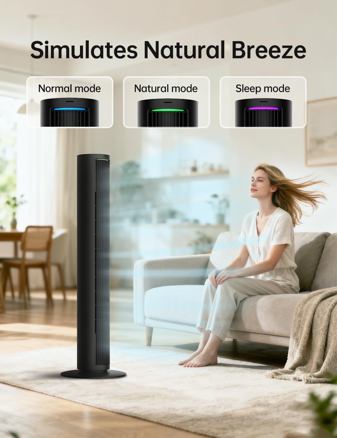 PHILODECO Tower Fan For Bedroom, 40 Inch Bladeless Fan, 80 ° Oscillating Fan, Silent Floor Fan With Remote Control Led, 4-Speed Multiple Modes, 7h Timer, Large Air Outlet