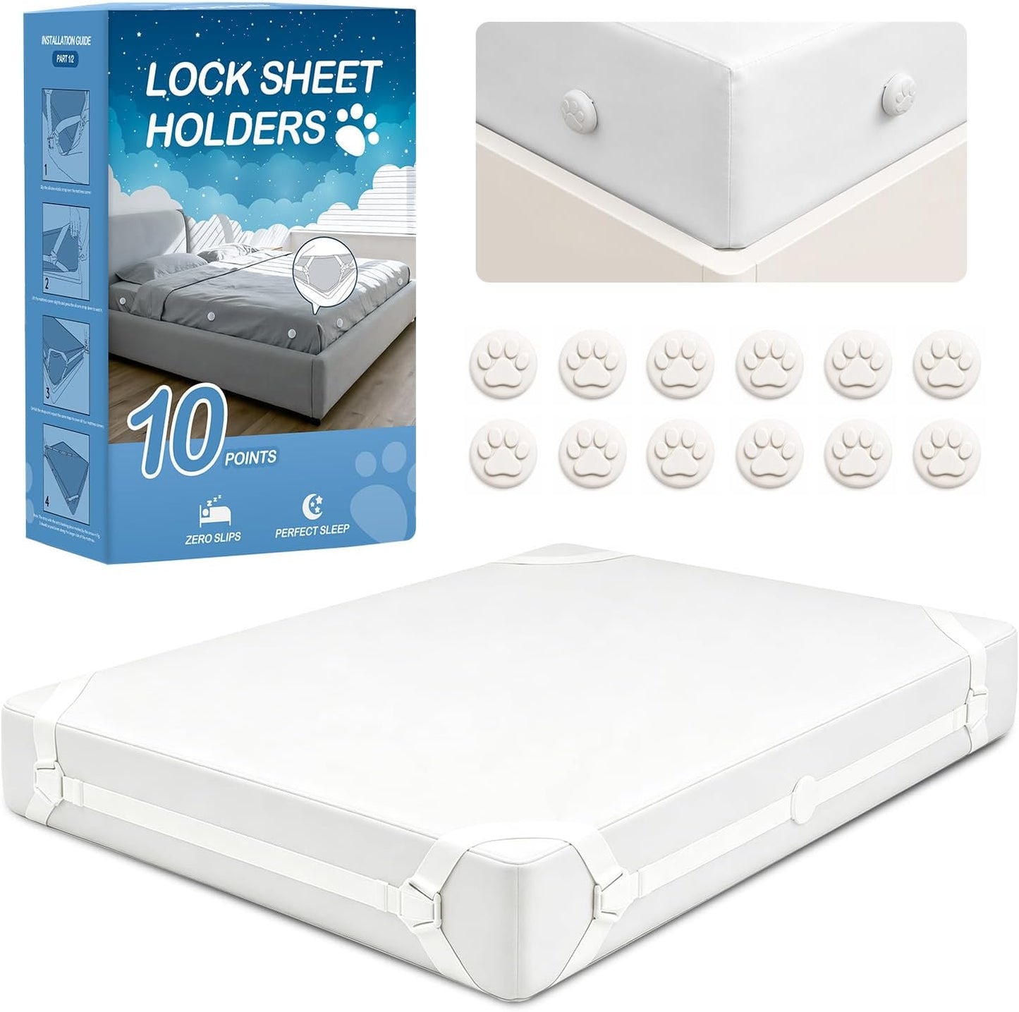 Bed Sheet Holders for Corners: 10 Clips with Side-Edge Locks (Not Just 4 Corners), One-Piece Bed Sheet Straps, No Metal & Anti-Slip, Heavy Duty Fitted Sheet Holder (Twin＆Full Style: 5-8in)