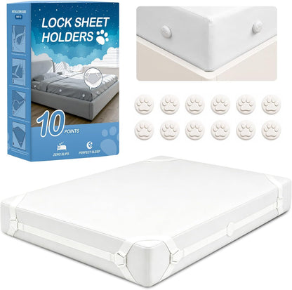 Bed Sheet Holders for Corners: 10 Clips with Side-Edge Locks (Not Just 4 Corners), One-Piece Bed Sheet Straps, No Metal & Anti-Slip, Heavy Duty Fitted Sheet Holder (Twin＆Full Style: 5-8in)