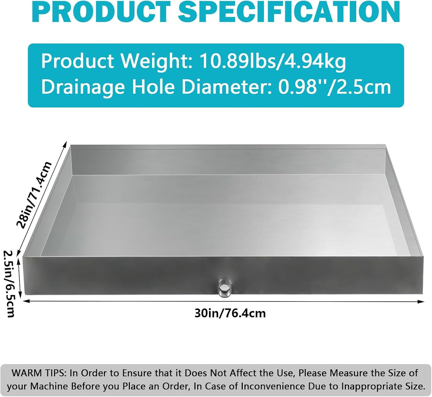 Washing Machine Drain Pan,27''x25''x2.5'' Heavy Duty 304 Stainless Steel Washing Machine Pan,Washer Tray for Floor Protection,Washer Drain Pan with Drain Hole & Hose