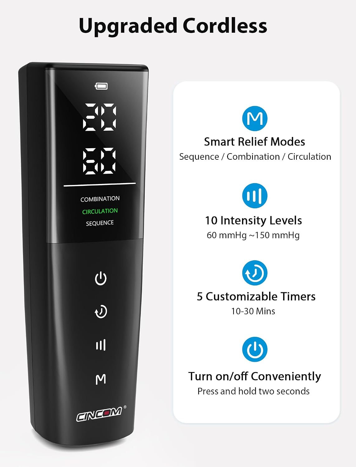 CINCOM Cordless Leg Massager, Air Compression for Pain & Circulation | 3 massage modes, 10 intensities, 5 timers, Rechargeable, Relieves RLS, edema, muscle fatigue, Use at home, office, or travel