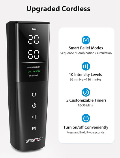 CINCOM Cordless Leg Massager, Air Compression for Pain & Circulation | 3 massage modes, 10 intensities, 5 timers, Rechargeable, Relieves RLS, edema, muscle fatigue, Use at home, office, or travel