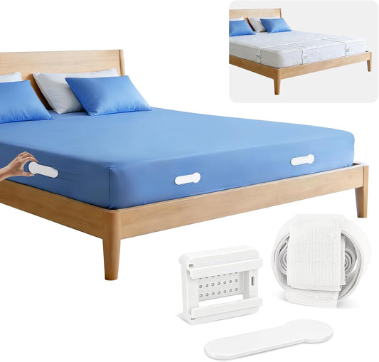 HOUSE AGAIN Bed Sheet Holders for Corners, 8-Point Grip Locking Clips & Straps Keep Fitted Sheets Firm, Tight and Smooth, No More Loose Sheets, Easy One-Time Installation (White)