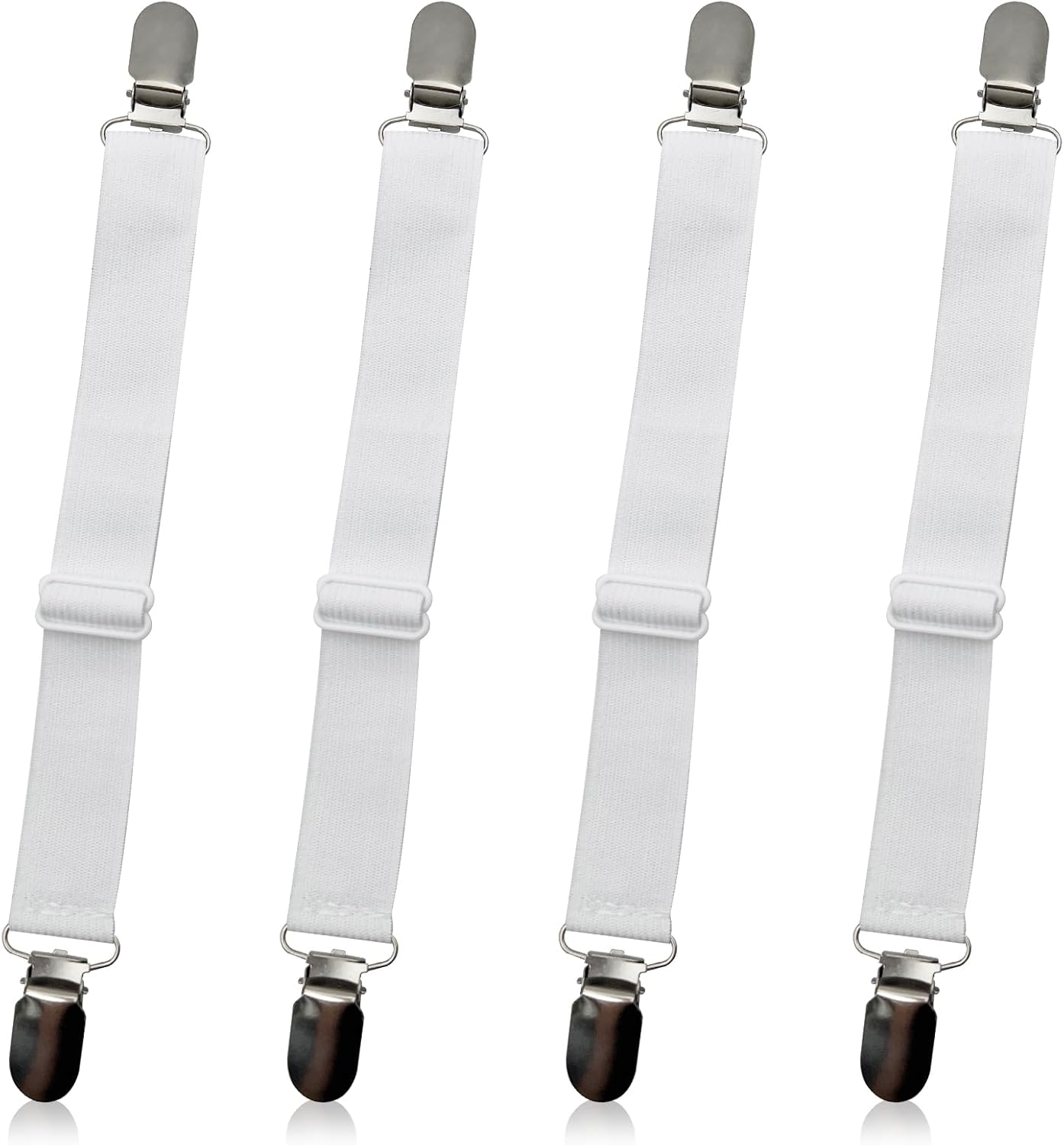 4-Pack White Adjustable Elastic Bed Sheet Straps, Non-Slip Fitted Sheet Holders for Crib to King Size Mattresses