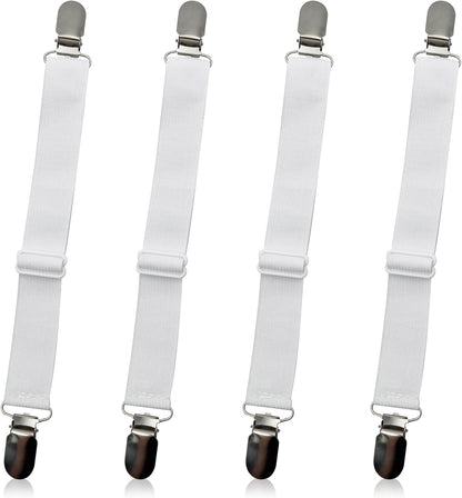 4-Pack White Adjustable Elastic Bed Sheet Straps, Non-Slip Fitted Sheet Holders for Crib to King Size Mattresses
