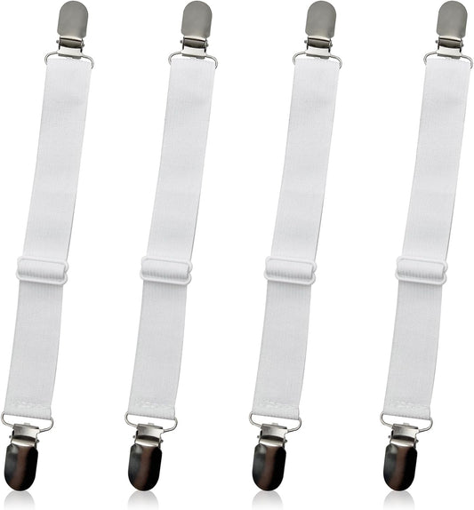4-Pack White Adjustable Elastic Bed Sheet Straps, Non-Slip Fitted Sheet Holders for Crib to King Size Mattresses