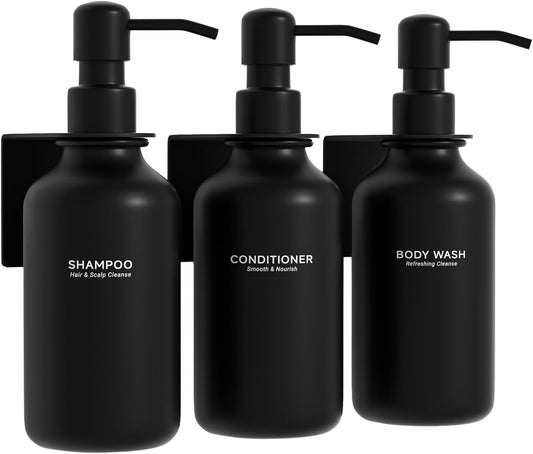 Shampoo and Conditioner Dispenser Wall Mounted Set of 3 - Shampoo Conditioner Body Wash Dispenser No Drill - White Shower Bottles Refillable with Labels and Stainless Steel Pumps 500ML/16.9oz
