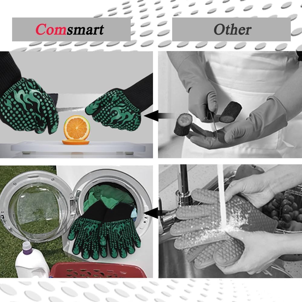 Comsmart BBQ Gloves, 1472 Degree F Heat Resistant Grilling Gloves Silicone Non-Slip Oven Gloves Long Kitchen Gloves for Barbecue, Cooking, Baking, Cutting