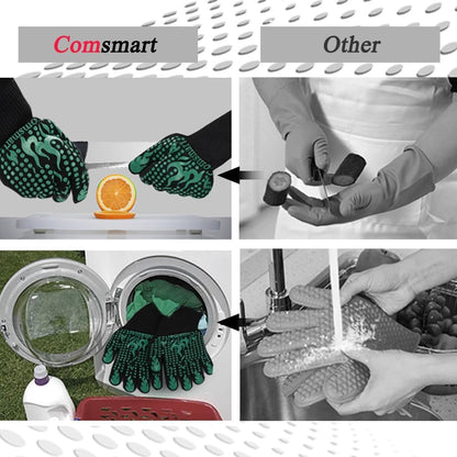 Comsmart BBQ Gloves, 1472 Degree F Heat Resistant Grilling Gloves Silicone Non-Slip Oven Gloves Long Kitchen Gloves for Barbecue, Cooking, Baking, Cutting