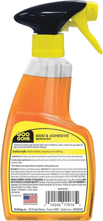 Goo Gone Adhesive Remover Spray Gel 12 Oz with Scraper, Surface Safe | Citrus Cleaning Power for Hard Surfaces, Carpet & Fabric, Removes Glue, Stickers, Tape Residue, Grease, Gum & Wax, Drip Free