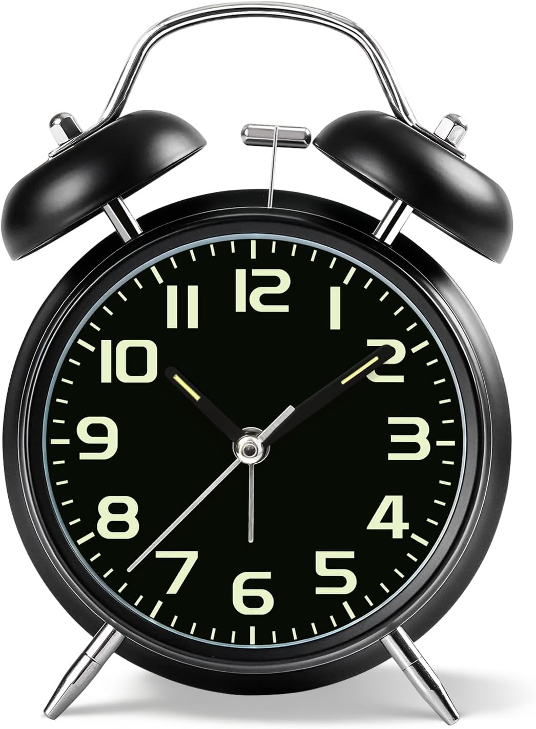 4.5" Metal Loud Alarm Clock for Heavy Sleepers Adults, Analog Battery Operated Alarm Clock with Bells Glow in Dark Numbers, Silent Old School Bedside Desk Clock for Bedroom Office Kids, Black