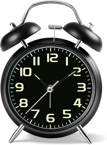 4.5" Metal Loud Alarm Clock for Heavy Sleepers Adults, Analog Battery Operated Alarm Clock with Bells Glow in Dark Numbers, Silent Old School Bedside Desk Clock for Bedroom Office Kids, Black