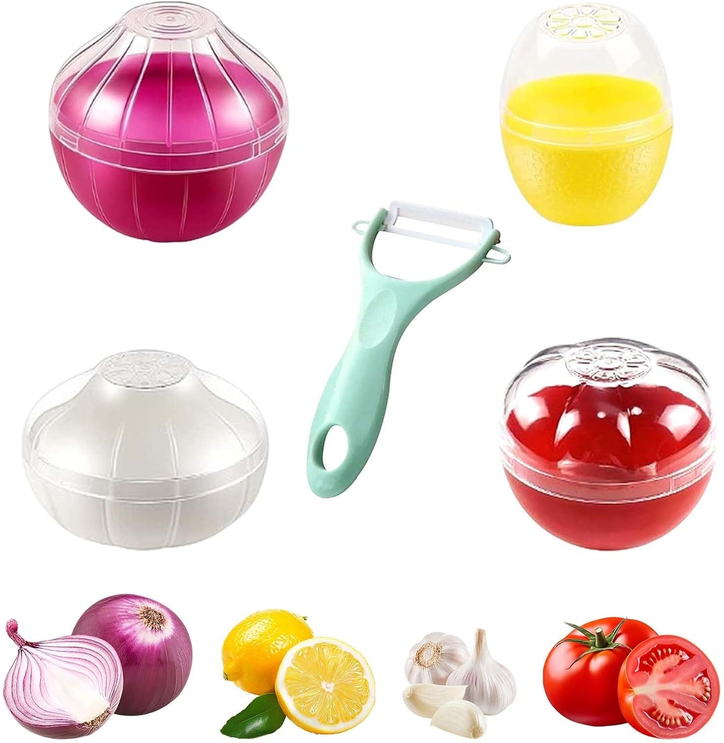 2PCS Tomato and Onion Storage Containers with Peeler, Freshness Keepers for Onion and Tomato, Ideal for Fridge Vegetable Crisper, Keeps Food Fresh Longer