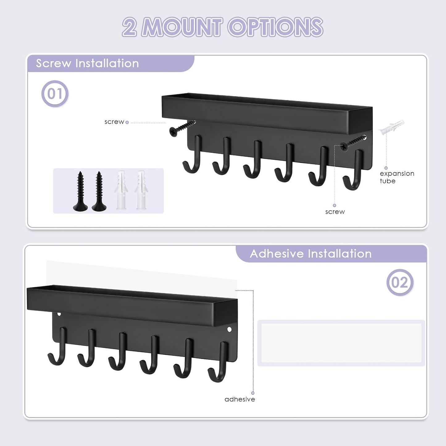 VIS'V Key Holder Wall Mount, Adhesive Key Rack with Tray, 6 Hooks, Black | 2 Mount Options, Compact Discreet Design, Suitable for Entryway, Hallway, Doorway, Kitchen, Garage, Camper
