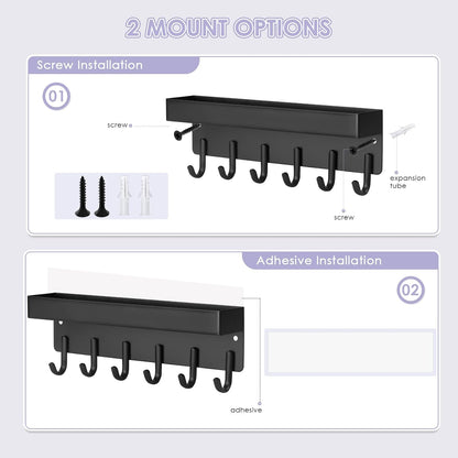 VIS'V Key Holder Wall Mount, Adhesive Key Rack with Tray, 6 Hooks, Black | 2 Mount Options, Compact Discreet Design, Suitable for Entryway, Hallway, Doorway, Kitchen, Garage, Camper
