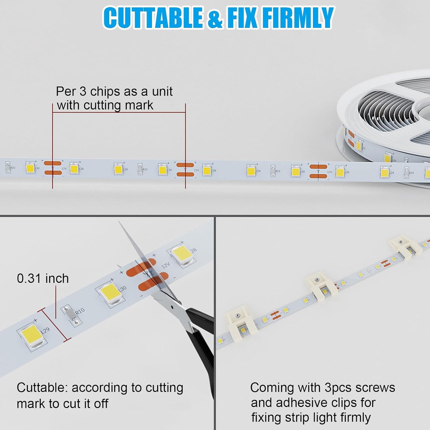 MY BEAUTY LIGHT Motion Activated LED Strip Lights, 16.4ft LED Light Strip with Day or Night 2 Lighting Modes, 3 Timing Off Modes, Bright White 12v Plug-in LED Rope Lights for Under Cabinet, Kitchen