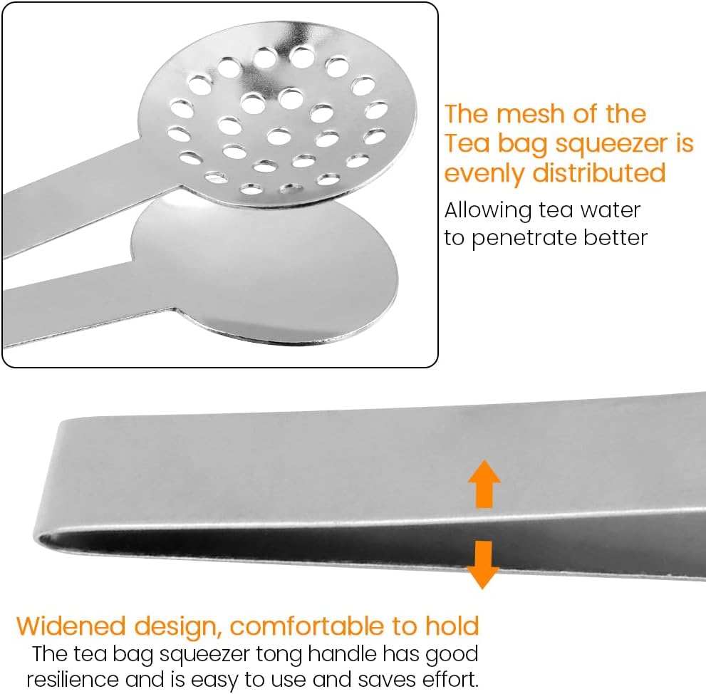 2 Pcs Stainless Steel Tea Bag Tongs and Squeezer, 6 Inch Anti-Slip Tea Bag Strainer Clips for Tea Bags, Herbs, Sugar Cubes and Ice Cubes, Kitchen and Bar Accessories