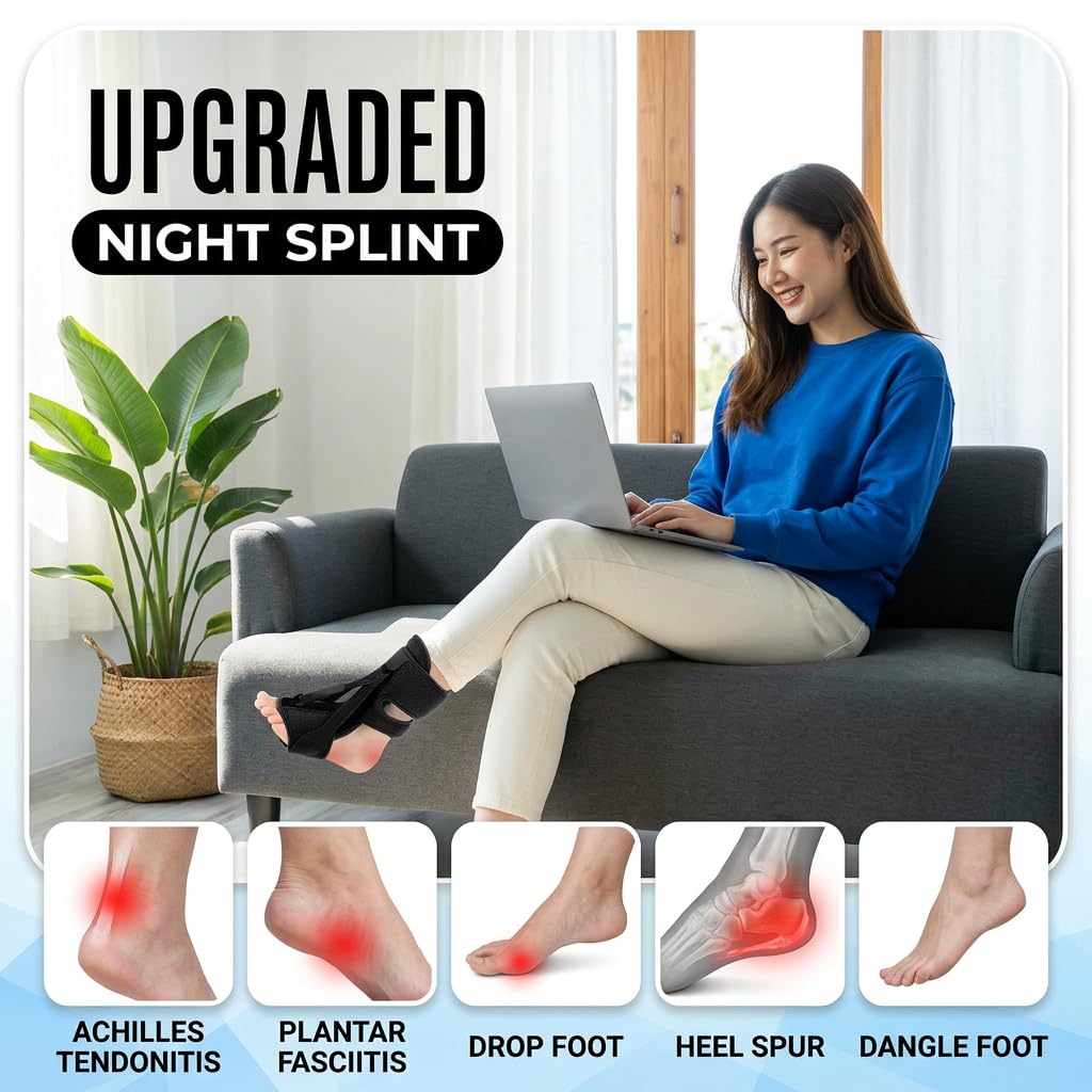 Plantar Fasciitis Night Splint, Adjustable Foot Drop Brace for Achilles Tendon Support, Sleeping Stretch Boot for Heel Pain Relief, Soft Day Night Ankle Support for Men Women (1PC-Black)