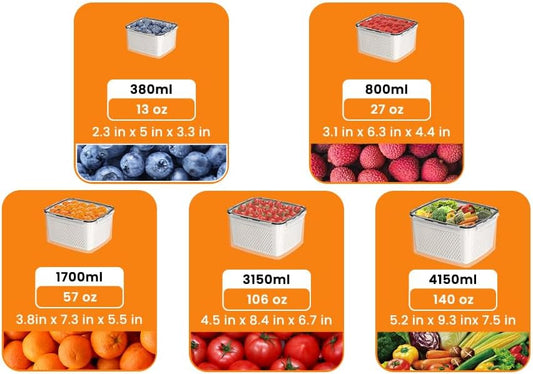 Fruit Storage Containers for Fridge - 5 PCS Poduce Containers for Fridge - with Removable Drain Basket - Keep Fruit Lettuce Berry Vegetables Meat Food Stay Fresher Longer