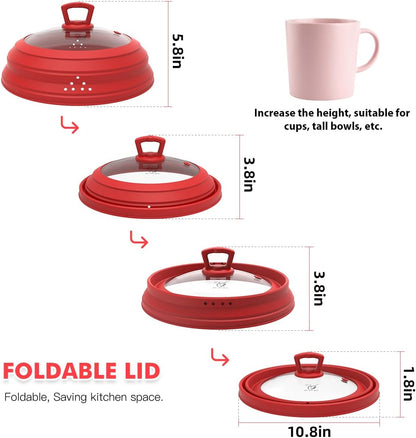 Microwave Splatter Cover Vented Glass Splatter Guard Lid with Collapsible Silicone for Food as Pot Cover Plate 10.8 inch for 6 7 8 9 10 inch Plate Bowl
