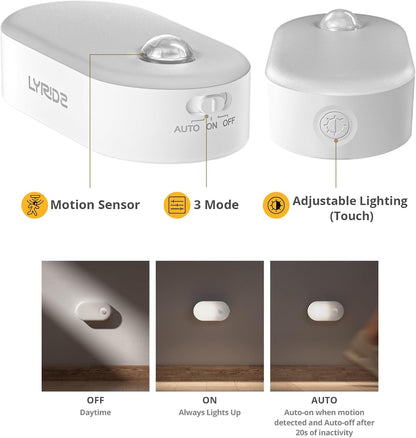 Lyridz Rechargeable Night Light with Motion Sensor, Dimmable Amber Nightlights for Bathroom, Bedroom, Kids Room, Hallway, Stairs, Pet House, 2 Pack
