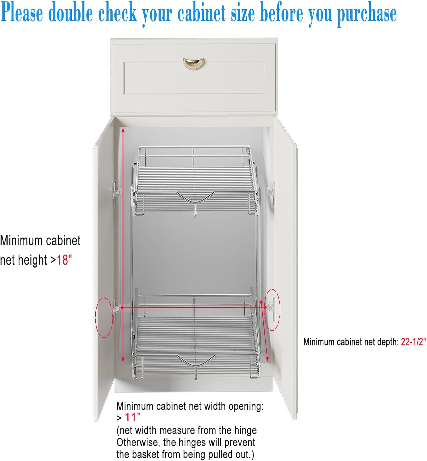 DINDON 2 Tier Pull Out Cabinet Organizer (20" W X 21" D), Double Tier Wire Basket Slide Out Shelf Storage for Kitchen Base Cabinet Organization for Kitchen, Pantry, Bathroom, Chrome