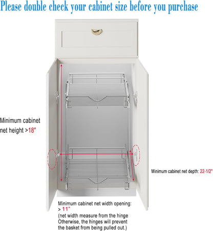 DINDON 2 Tier Pull Out Cabinet Organizer (20" W X 21" D), Double Tier Wire Basket Slide Out Shelf Storage for Kitchen Base Cabinet Organization for Kitchen, Pantry, Bathroom, Chrome