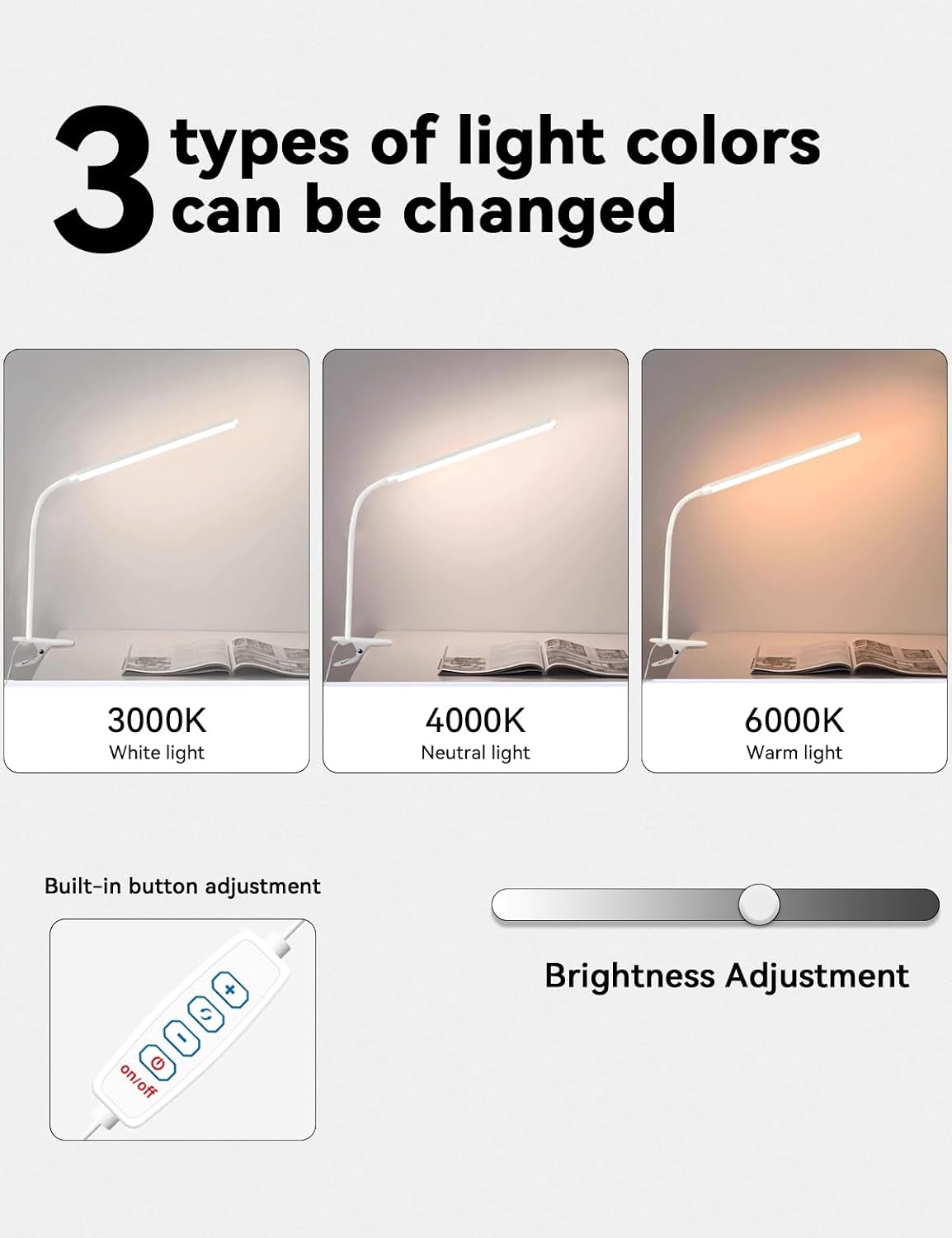 2 Pack LED Desk Lamp with Clamp,Eye-Friendly Clip on Lights for Home Office Study Reading,3 Modes 10 Brightness,Long Flexible Goose-Neck,Swing Arm Architect Task Table Lamps USB Usage