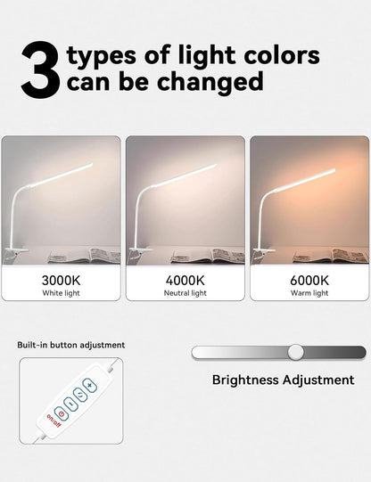 2 Pack LED Desk Lamp with Clamp,Eye-Friendly Clip on Lights for Home Office Study Reading,3 Modes 10 Brightness,Long Flexible Goose-Neck,Swing Arm Architect Task Table Lamps USB Usage